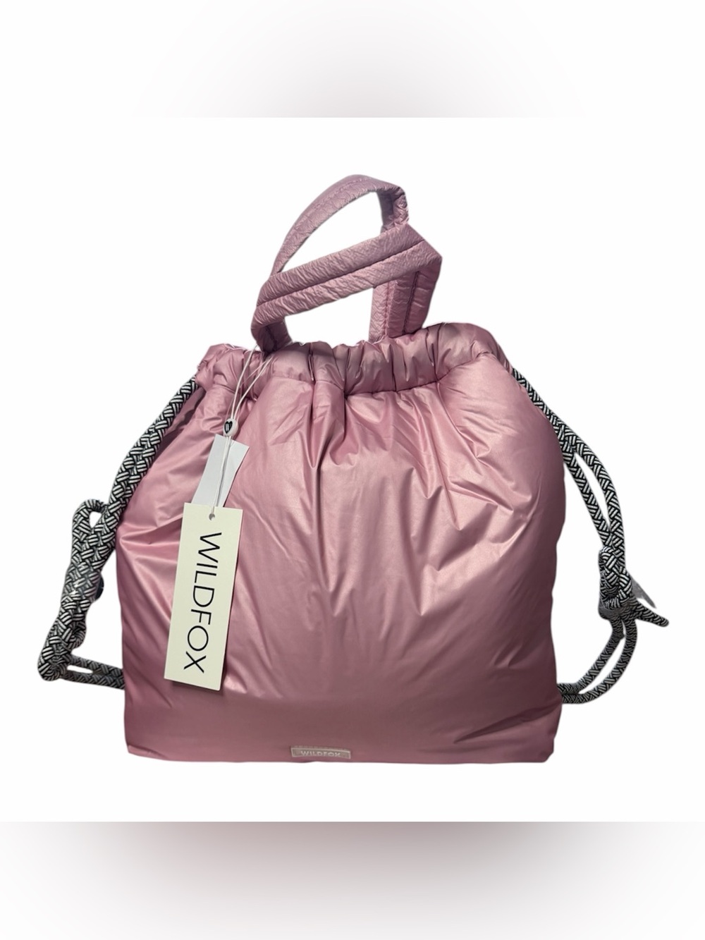 Wildfox Puffy Drawstring Backpack Tote – Metallic Rose Pink nwt deadstock
